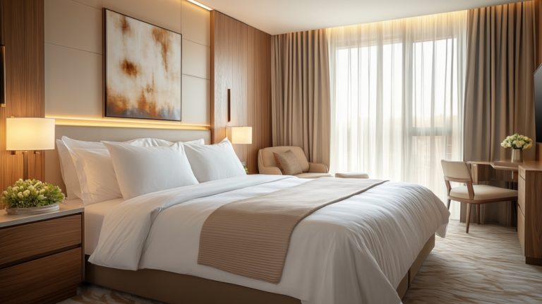 A,Modern,And,Cozy,Hotel,Room,Featuring,A,Large,Bed